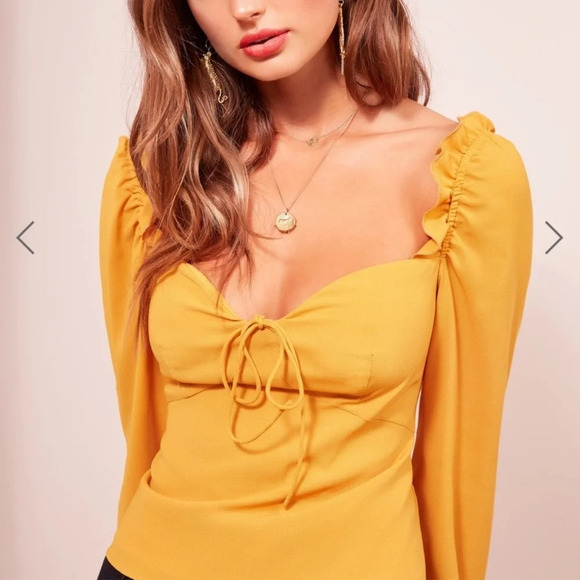 Finders Keepers ‘Afterglow’ Mustard Yellow Long Sleeve Ruffle Top - Picture 1 of 9